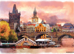 Fototapeta papír 360 x 266, 155023138 - Watercolor illustration of old Prague - Akvarel ilustrace staré Prahy