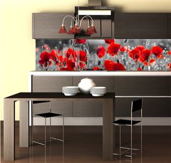 Fototapeta do kuchyn flie 260 x 60, 158374540 - red poppies, black and white