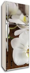Samolepka na lednici fólie 80 x 200, 15837732 - Face cream and white orchid on a bamboo mate - Krém na obličej a bílá orchidej na bambusové kamarádce