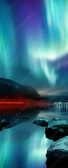 Samolepka na dvee flie 90 x 220  A large Northern Lights (aurora borealis) display glowing over a mountain pass and reflected on a lake at night. Photo composition., 90 x 220 cm