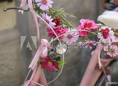 Samolepka flie 100 x 73, 166351131 - vintage Pink bicycle with basket of flowers