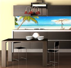Fototapeta do kuchyn flie 260 x 60, 166899372 - Sonnenliegen am Strand