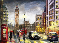 Samolepka flie 100 x 73, 167015010 - oil painting on canvas, street view of london. Artwork. Big ben. couple and red umbrella, bus and road, telephone. Black car - olejomalba na pltn, pohled na Londn z ulice. Umleck dla. Big Ben. pr a erven detnk, autobus a silnice, telefon. ern auto