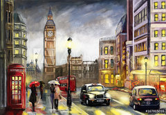 Fototapeta pltno 174 x 120, 167015010 - oil painting on canvas, street view of london. Artwork. Big ben. couple and red umbrella, bus and road, telephone. Black car