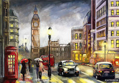 Fototapeta papr 184 x 128, 167015010 - oil painting on canvas, street view of london. Artwork. Big ben. couple and red umbrella, bus and road, telephone. Black car