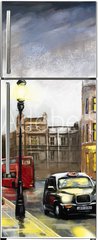 Samolepka na lednici flie 80 x 200, 167015010 - oil painting on canvas, street view of london. Artwork. Big ben. couple and red umbrella, bus and road, telephone. Black car