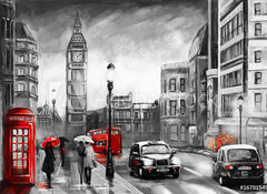 Samolepka flie 100 x 73, 167015499 - oil painting on canvas, street view of london. Artwork. Big ben. couple and red umbrella, bus and road, telephone. Black car