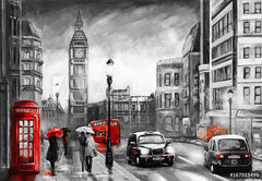 Samolepka flie 145 x 100, 167015499 - oil painting on canvas, street view of london. Artwork. Big ben. couple and red umbrella, bus and road, telephone. Black car