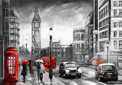 Fototapeta papr 184 x 128, 167015499 - oil painting on canvas, street view of london. Artwork. Big ben. couple and red umbrella, bus and road, telephone. Black car