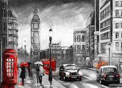 Samolepka flie 200 x 144, 167015499 - oil painting on canvas, street view of london. Artwork. Big ben. couple and red umbrella, bus and road, telephone. Black car