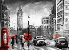 Fototapeta pltno 240 x 174, 167015499 - oil painting on canvas, street view of london. Artwork. Big ben. couple and red umbrella, bus and road, telephone. Black car