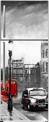 Samolepka na lednici flie 80 x 200, 167015499 - oil painting on canvas, street view of london. Artwork. Big ben. couple and red umbrella, bus and road, telephone. Black car