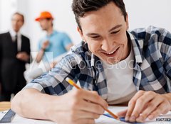 Samolepka flie 100 x 73, 167182957 - Close up of young architect drawing a line - Zblzka mladho architekta kreslen ry