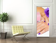 Samolepka na dvee flie 90 x 220  Hands with purple manicure and flower, pink candle and beads, 90 x 220 cm