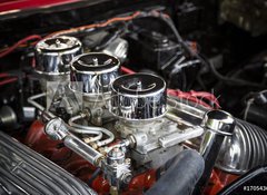 Samolepka flie 100 x 73, 170543646 - Under the Hood View of Restored Vintage Automobile Engine with Tri-Power Show-Chrome Carburetors