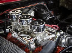 Fototapeta pltno 330 x 244, 170543646 - Under the Hood View of Restored Vintage Automobile Engine with Tri-Power Show-Chrome Carburetors