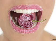 Samolepka flie 100 x 73  Cherry with sugar between woman teeth, 100 x 73 cm