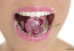 Fototapeta174 x 120  Cherry with sugar between woman teeth, 174 x 120 cm