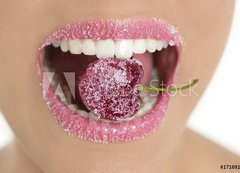 Fototapeta vliesov 200 x 144, 17169172 - Cherry with sugar between woman teeth