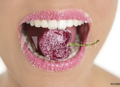 Fototapeta240 x 174  Cherry with sugar between woman teeth, 240 x 174 cm