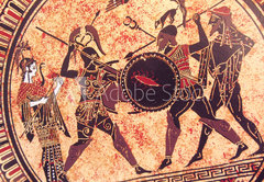 Samolepka flie 145 x 100, 175583459 - Detail from an old historical greek paint reproduction over a terracotta dish. Unknown mythical heroes and gods fighting on it - Detail ze star historick reprodukce eck barvy na terakotov misce. Bojuj na nm neznm mtit hrdinov a bohov