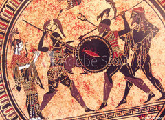 Fototapeta pltno 160 x 116, 175583459 - Detail from an old historical greek paint reproduction over a terracotta dish. Unknown mythical heroes and gods fighting on it