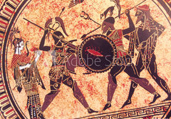 Fototapeta papr 184 x 128, 175583459 - Detail from an old historical greek paint reproduction over a terracotta dish. Unknown mythical heroes and gods fighting on it - Detail ze star historick reprodukce eck barvy na terakotov misce. Bojuj na nm neznm mtit hrdinov a bohov