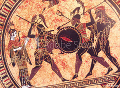 Fototapeta pltno 330 x 244, 175583459 - Detail from an old historical greek paint reproduction over a terracotta dish. Unknown mythical heroes and gods fighting on it