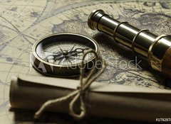 Samolepka flie 100 x 73, 178287897 - Retro compass with old map and spyglass - Retro kompas se starou mapou a spyglassem