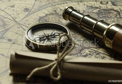 Samolepka flie 145 x 100  Retro compass with old map and spyglass, 145 x 100 cm