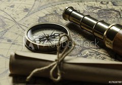 Fototapeta184 x 128  Retro compass with old map and spyglass, 184 x 128 cm
