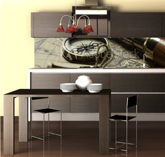 Fototapeta do kuchyn flie 260 x 60  Retro compass with old map and spyglass, 260 x 60 cm