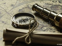 Samolepka flie 270 x 200  Retro compass with old map and spyglass, 270 x 200 cm