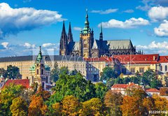 Samolepka flie 145 x 100, 182987982 - Prague fall landscape view to Saint Vitus Cathedral with blue - Praha podzimn krajina pohled na katedrlu svatho Vta s modrou