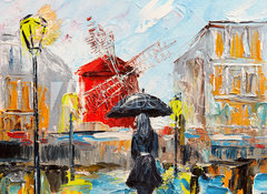 Fototapeta vliesov 100 x 73, 189993998 - oil painting, woman with an umbrella near the Moulin Rouge, a walk in Paris, artwork on canvas