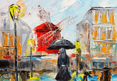 Samolepka flie 145 x 100, 189993998 - oil painting, woman with an umbrella near the Moulin Rouge, a walk in Paris, artwork on canvas