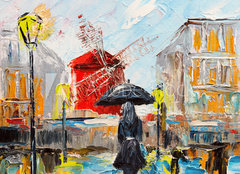 Fototapeta pltno 160 x 116, 189993998 - oil painting, woman with an umbrella near the Moulin Rouge, a walk in Paris, artwork on canvas