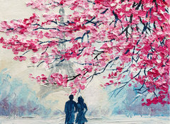 Samolepka flie 100 x 73, 189994017 - oil painting on canvas, couple of lovers under an umbrella, Paris, Eiffel Tower, modern art