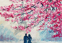 Fototapeta pltno 174 x 120, 189994017 - oil painting on canvas, couple of lovers under an umbrella, Paris, Eiffel Tower, modern art