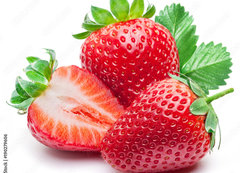 Samolepka flie 200 x 144, 190279606 - Three strawberries with strawberry leaf on white background.