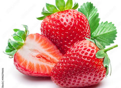 Fototapeta pltno 240 x 174, 190279606 - Three strawberries with strawberry leaf on white background.