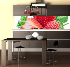 Fototapeta do kuchyn flie 260 x 60, 190279606 - Three strawberries with strawberry leaf on white background.