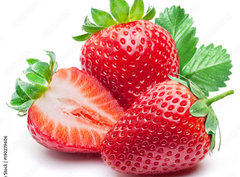 Fototapeta pltno 330 x 244, 190279606 - Three strawberries with strawberry leaf on white background.