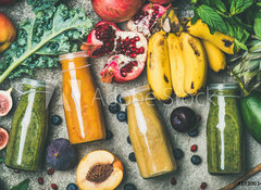 Samolepka flie 100 x 73, 193003487 - Flat-lay of colorful smoothies in bottles with fresh tropical fruit and vegetables on concrete background, top view. Healthy, clean eating, vegan, vegetarian, detox, dieting breakfast food concept - ploch