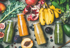 Samolepka flie 145 x 100  Flat lay of colorful smoothies in bottles with fresh tropical fruit and vegetables on concrete background, top view. Healthy, clean eating, vegan, vegetarian, detox, dieting breakfast food concept, 145 x 100 cm