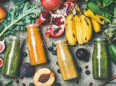 Fototapeta330 x 244  Flat lay of colorful smoothies in bottles with fresh tropical fruit and vegetables on concrete background, top view. Healthy, clean eating, vegan, vegetarian, detox, dieting breakfast food concept, 330 x 244 cm