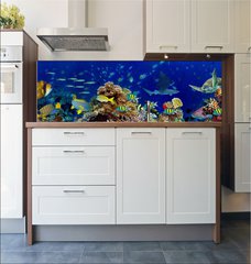 Fototapeta do kuchyn flie 180 x 60, 196736176 - colorful wide underwater coral reef panorama banner background with many fishes turtle and marine life / Unterwasser Korallenriff breit Hintergrund