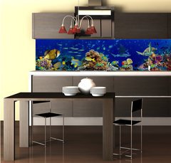 Fototapeta do kuchyn flie 260 x 60, 196736176 - colorful wide underwater coral reef panorama banner background with many fishes turtle and marine life / Unterwasser Korallenriff breit Hintergrund