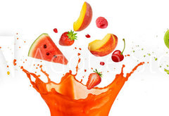 Samolepka flie 145 x 100, 197062948 - mixed fruit falling into juices splashing on white background - smen ovoce spadajc do vy stkajc na blm pozad