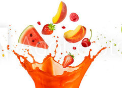 Fototapeta papr 254 x 184, 197062948 - mixed fruit falling into juices splashing on white background - smen ovoce spadajc do vy stkajc na blm pozad